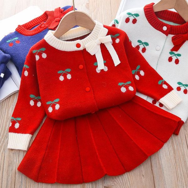 

pullover girls cherry bow two-piece set toddler girl clothes 2021 autumn fall outfits kids winter sweaters, Blue