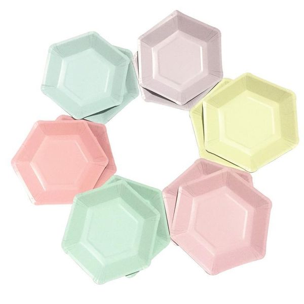 

packaging dinner service 12pcs macaron six color disposable paper plates hexagon tray decorations for wedding birthday party supplies decora