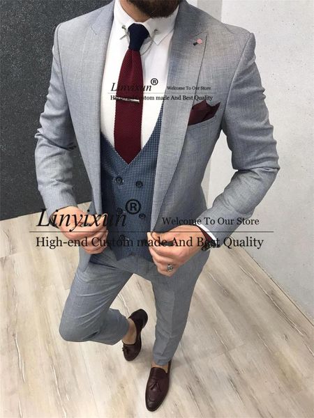 

men's suits & blazers fashion grey plaid men 3 pieces jacket vest pants set peaked laple prom traje hombre business man blazer terno ma, White;black