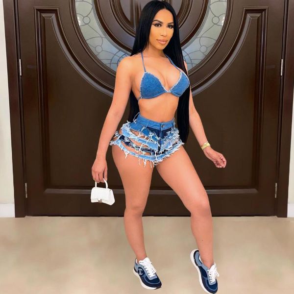

women's jeans casaul women pants short hollow out ripped bra and summer clothes for, Blue