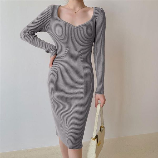 

casual dresses autumn v-neck ladies knitted vintage elegant midi dress korean chic solid female sweaters clothing vestidos, Black;gray