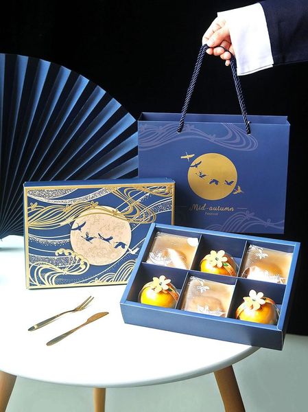 

gift wrap 5pcs/lot mid-autumn festival moon cake packing box boxes for packaging bags with handles paper blue