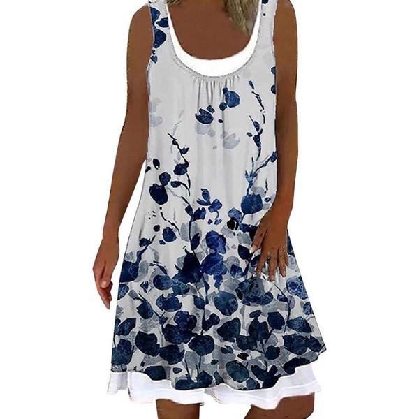 

casual dresses women floral print dress summer a line sleeveless fake two piece 3d digital printing sundress o-neck robe beachwear, Black;gray