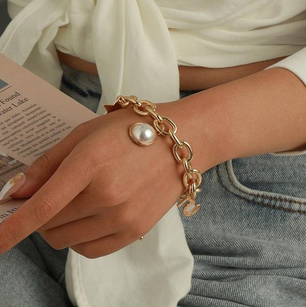 

link, chain 2021 trendy thick women bracelet classic alloy pearl pendant for men casual jewelry gift, Black