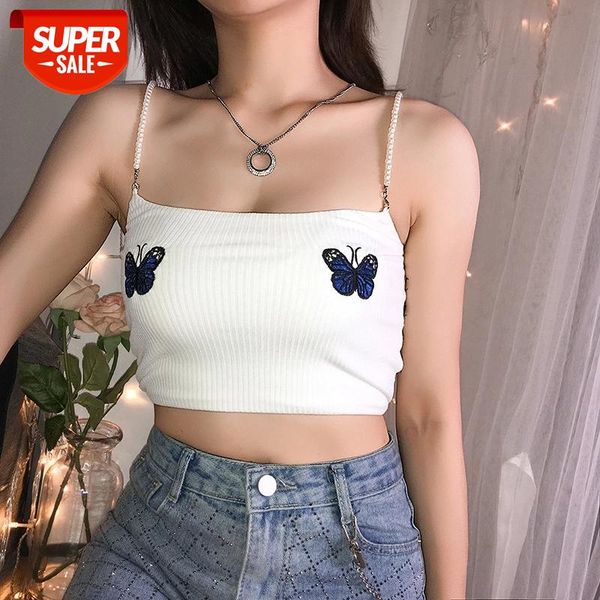 

2020 new women's tank u-neck butterfly embroidered printed pearl strap navel vest simple fashion vest sling s-l #9t3d, White