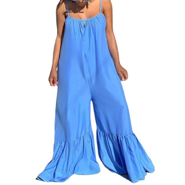 

spaghetti strap loose rompers womens jumpsuit summer wrap chest sleeveless wide leg bodysuits casual ruffles beach playsuits women's ju, Black;white
