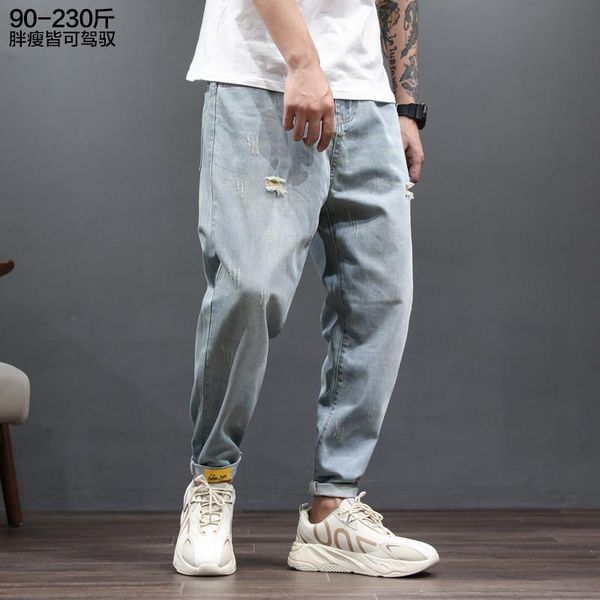 

men's jeans cat 's ripped men fashion brands fat plus-sized plus size loose harem pants summer japanese style, Blue