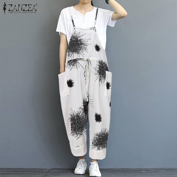 

women's jumpsuits & rompers zanzea women printed 2021 summer cotton long suspender overalls wide leg pants playsuits combinaison femme, Black;white