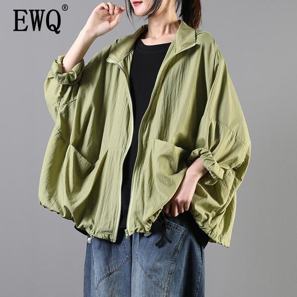 

women's jackets [ewq] 2021 spring summer arrivals hooded collar batwing full sleeve women fashion casual loose sun protection jacket ay, Black;brown