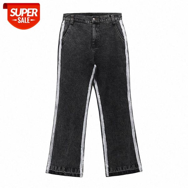 

side brushed stripe printed washed jeans men's hip hop frayed micro flare long pants #zh4h, Black