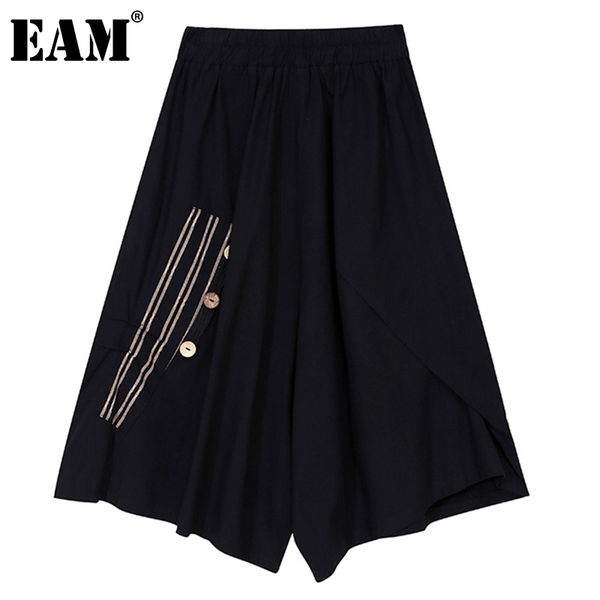 

[eam] high elastic waist black wide leg asymmetrical trousers loose fit pants women fashion spring summer 1dd6732 210512, Black;white