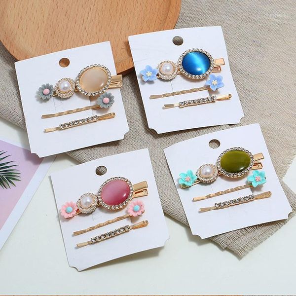 

3pcs/set korean fashion hairpins for women trendy simple metal crystal flower golden hair accessories barrettes headwear jewelry1