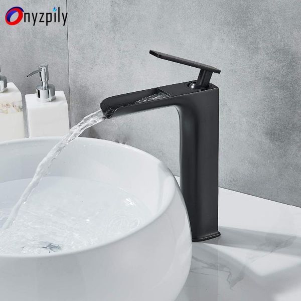 

bathroom sink faucets basin elegant tap tall one handle waterfall spout oil rubbed bronze black mixer