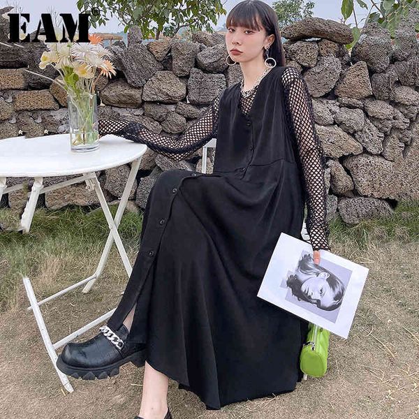 

[eam] women black single breasted big size long dress v-neck sleeveless loose fit fashion spring summer 1dd8266 210512, Black;gray