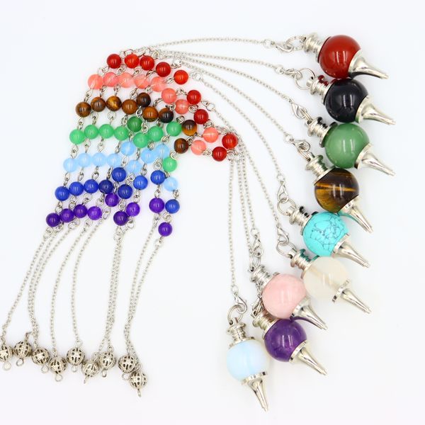

7 chakra reiki tiger eye pendulum natural stone balance reiki healing energy yoga pendant for dowsing pink quartz opal black onyx women men, Bronze;silver