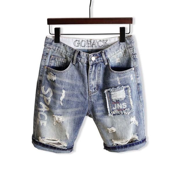 

men ripped distressed denim shorts patchwork streetwear jeans for male washed men's, Blue