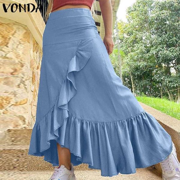 

skirts asymmetrical demin 2021 vonda summer party long casual high waist irregular pleated faldas plus size s-5xl, Black