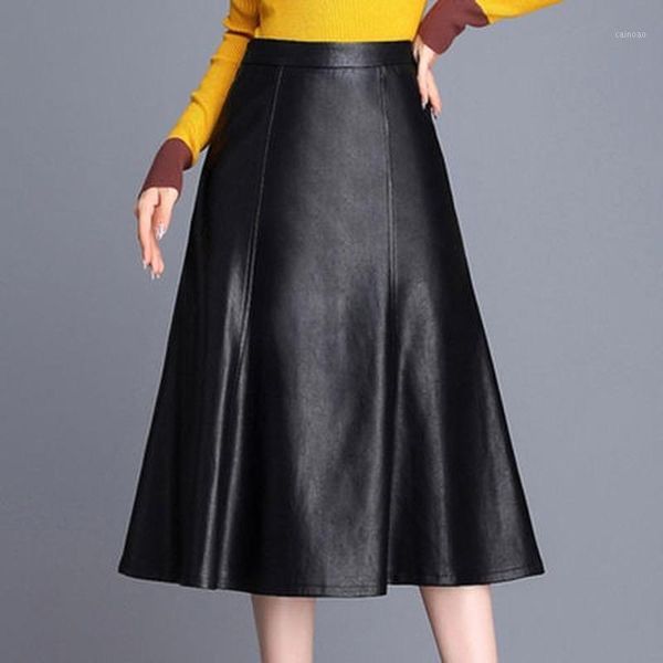 

skirts women fashion high waist pu leather long pleated solid lady casual party knee-length a-line madi skirt t222, Black