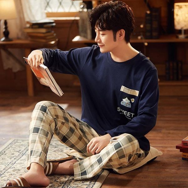 

spring autumn long sleeve cotton pajamas sets for men casual plaid sleepwear suit pyjamas male homewear lounge home clothes men's, Black;brown