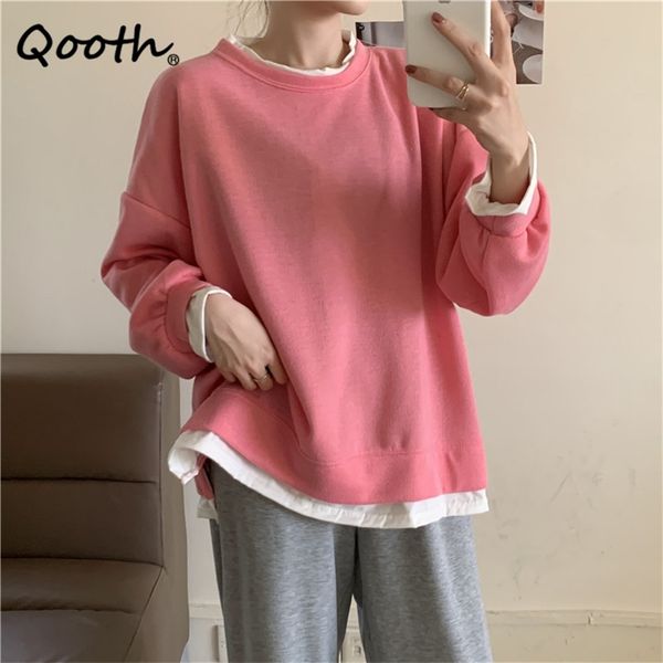 

qooth oversized pullover o-neck sweatshirt fake two-piece loose all match long-sleeved women's spring qt625 210609, Black