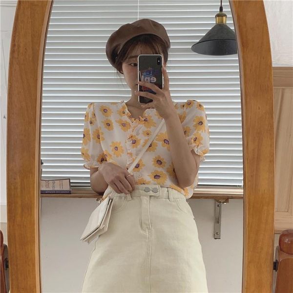 

women's t-shirt puff sleeve printed wood ear v-neck shirt summer shirts kawaii ulzzang lovely female sweet harajuku cute for women, White