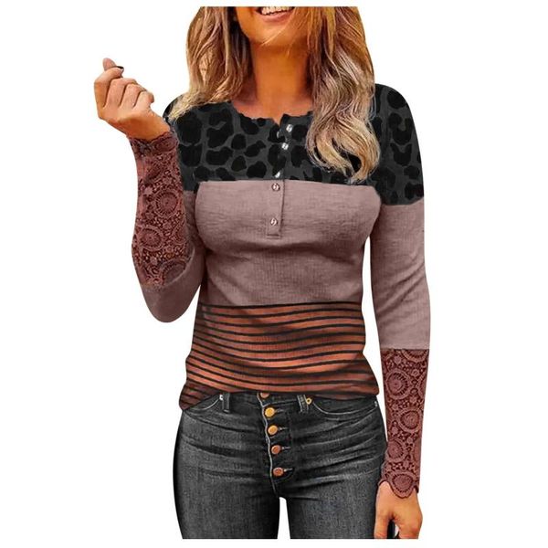 

women's hoodies & sweatshirts stripe print lace long sleeve o-neck tunic front button blouse leopard stitching tees loose chaqueta, Black