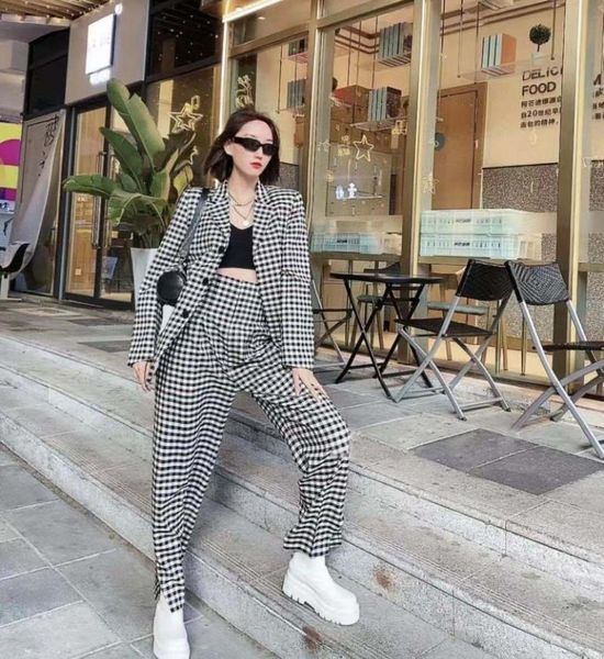 

spring fashion women backless plaid blazer jacket with high waist long trouse female pants suits sets 2 color gdnz 5.01 women's two pie, White