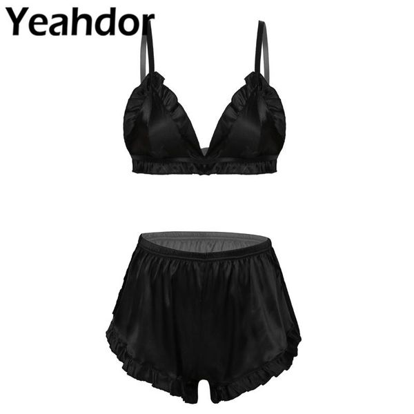 

bras 2021 women two-piece lingerie set satin pajama ruched sleepwear nightwear wireless unlined bra with shorts female underwear, Red;black