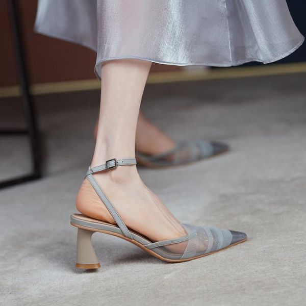 

dress shoes pointed heel sandals closed toe buckle strap cross-shoes 2021 summer suit female beige lace denim women's laces block comf, Black