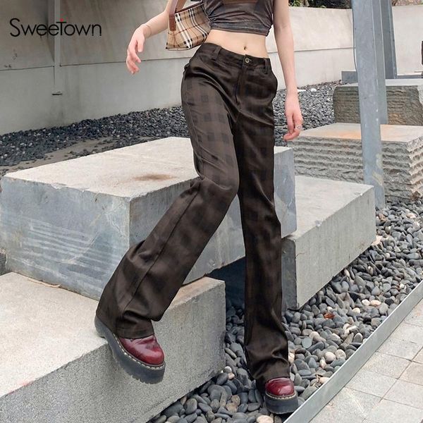 

women's pants & capris sweetown retro aesthetic plaid straight cargo women low waist vintage korean trousers street style e girl sweatp, Black;white