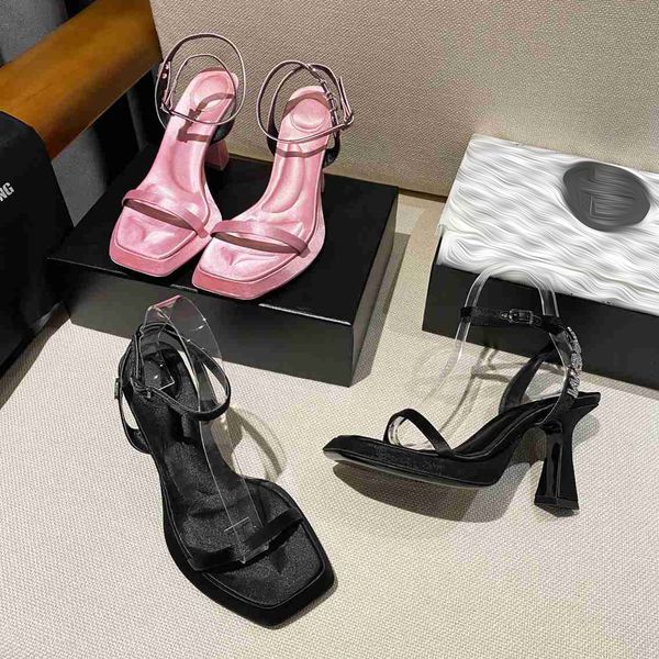 

classic designer new outsole small thick heel sandals for women flat toe high heel sandal, Black