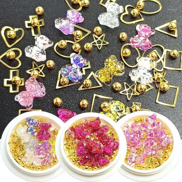 

box nail art rhinestone resin bear mixed rivet semi-round beads multi-style combination set 3d decoration supplies1, Silver;gold