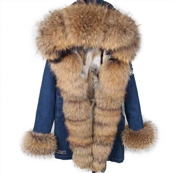 MAOMAOKONG Pelliccia vera pelliccia denim Cappotti Giacca invernale Parka con cappuccio Vera pelliccia di coniglio Fodera Giacca da donna 210917