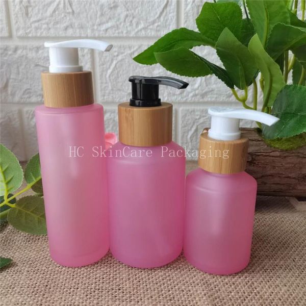 

storage bottles & jars sample pink frosted glass bottle white/black pump bamboo cap,cosmetic packing,cosmetic bottle,packing for liquid