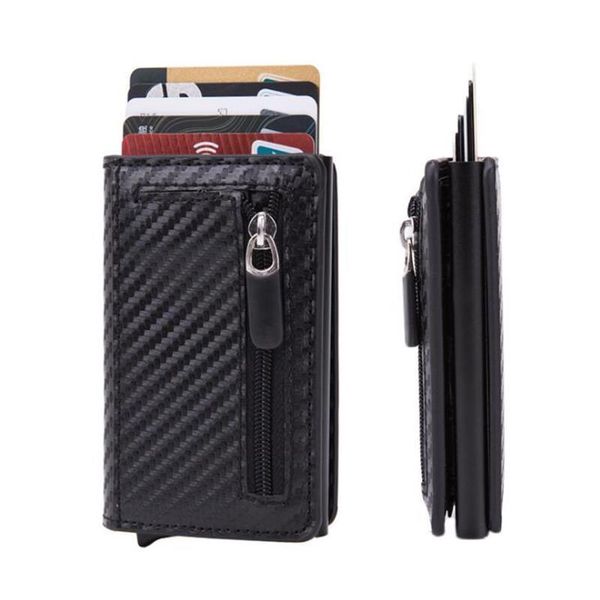 

carbon fiber magnetic closing rfid anti theft credit card holder men and women aluminum box smart wallet, Red;black