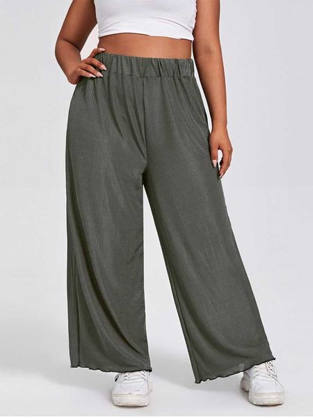 

plus size pants womens lettuce trim wide leg solid gray elastic waist office lady summer casual 3xl 4xl 5xl 6xl 7xl 8xl, Black