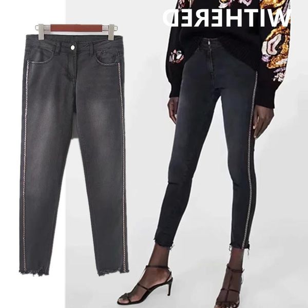 

women's jeans england office withered lady skinny push up pencil woman diamond inlaid of striped high waist ripped for women, Blue