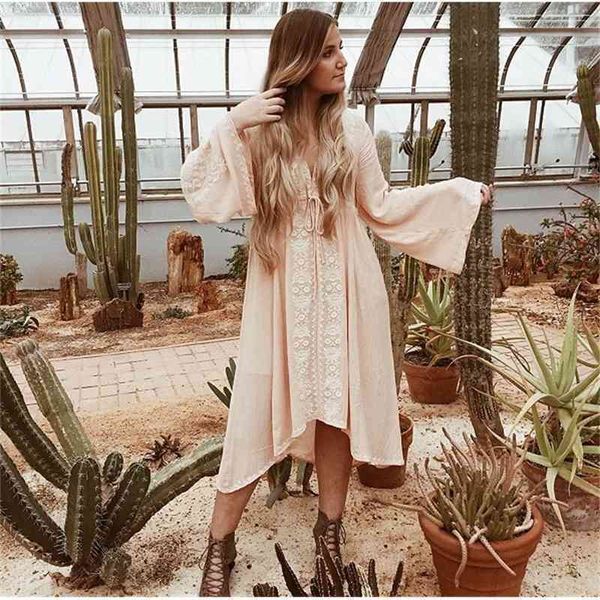 TEELYNN abiti a maniche lunghe Tunica da donna Vintage floreale ricamato in cotone Abito lungo abiti Casual Hippie Boho Abito asimmetrico 210325