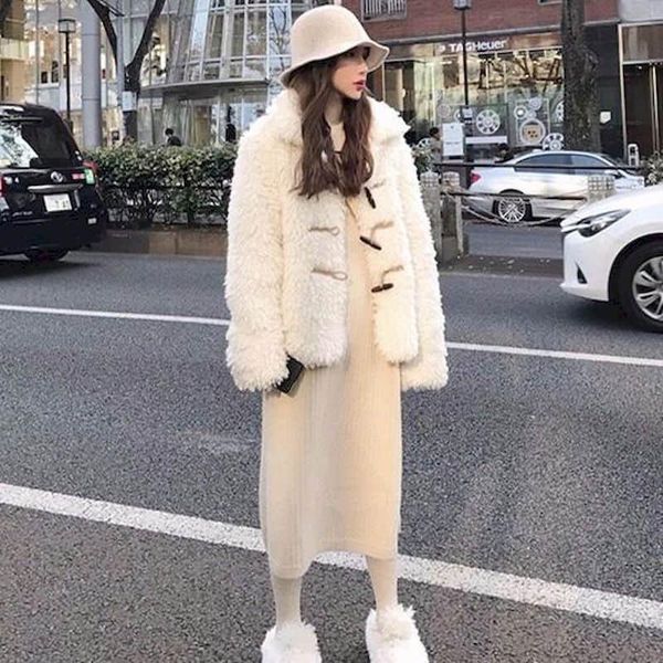

faux fur coat thick plush jacket women lapel horn buckle 2021 korean version autumn winter female lamb plus size ladies women's, Black