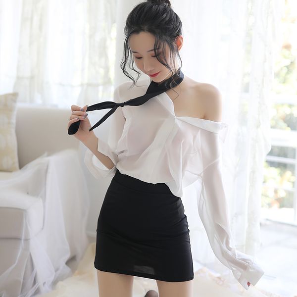 

secretary ol teachers uniforms temptation nightclub lingerie shirt skirt seduces cosplay role play costumes outfits set, Black;white