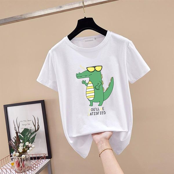 

plus size summer casual women t-shirt short loose sleeve 100% cotton cartoon crocodile pattern print tees pullover women's, White