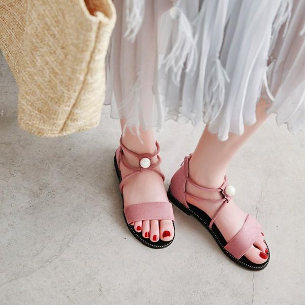 

oversized summer flat sandals ladies women shoes woman pearl decorated word buckle with open toe, Black