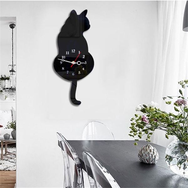

wall clocks creative fashion silent white/black wagging tail cat clock household decorative