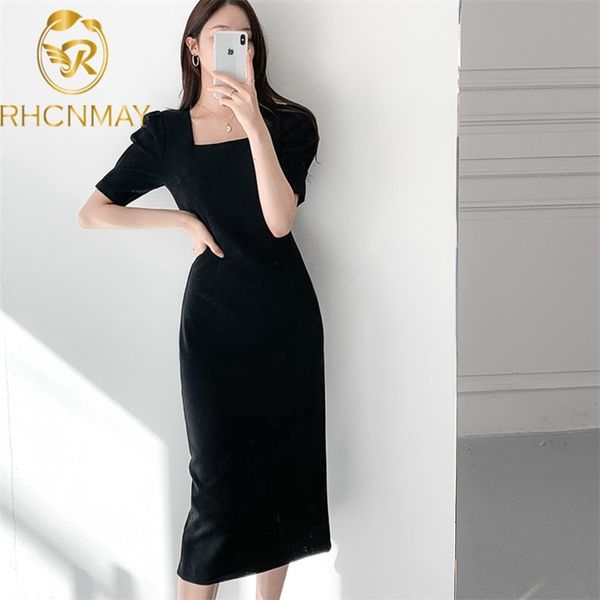 

chic casual short sleeve square collar solid women's dress summer temperament midi straight tube lady 210506, Black;gray