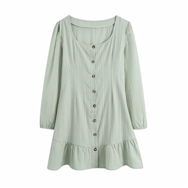 

elegant women light green striped dresses fashion ladies square collar button dress sweet female chic ruffles mini 210427, Black;gray