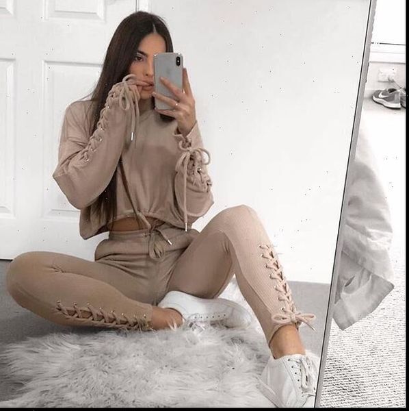 

autumn winter bandage two piece womens tracksuits set lace up solid casual suit female clothing crop sweatshirt and pants, Gray