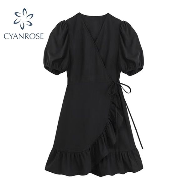 

v neck black mini dress women high waist slim lace-up puff short sleeve elegant crop frocks e-girl aesthetic vestidos lady 210515, Black;gray