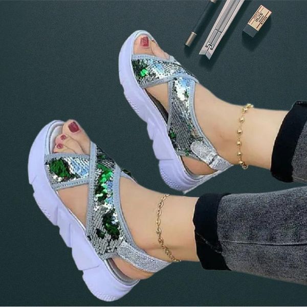 

sandals women's 2021 summer shiny sequins thick-soled increased open toe comfortable casual shoes, Black
