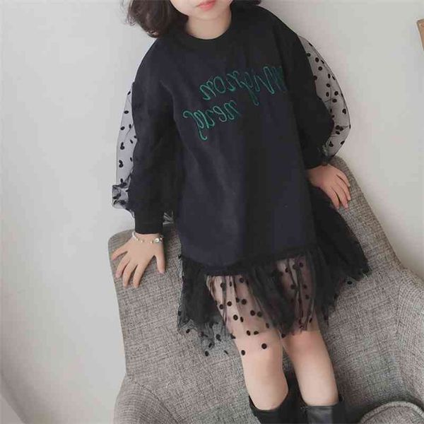 

humor bear spring children's clothing girls long-sleeved autumn lace polka dot hazy dress sweater princess 210625, Red;yellow