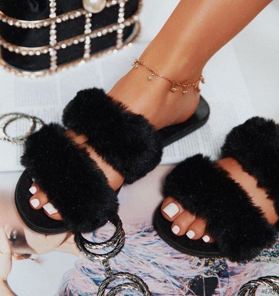 

winter fashion women home slippers faux fur warm shoes woman slip on flats female flip flops pink plus size 44 45, Black